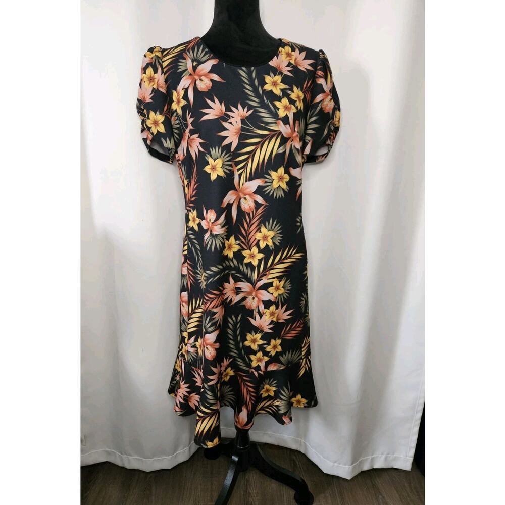 Karl Lagerfeld Dress Black Floral Dress A-Line Mini Short Sleeve Stretch Size 12